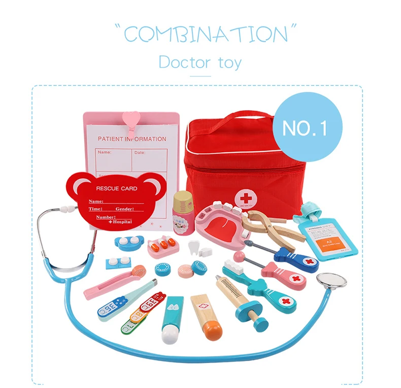 Doctor Toys for Children Set Kids Wooden Pretend Play Kit Games for Girls Boys Red Medical Dentist Medicine Box Cloth Bags