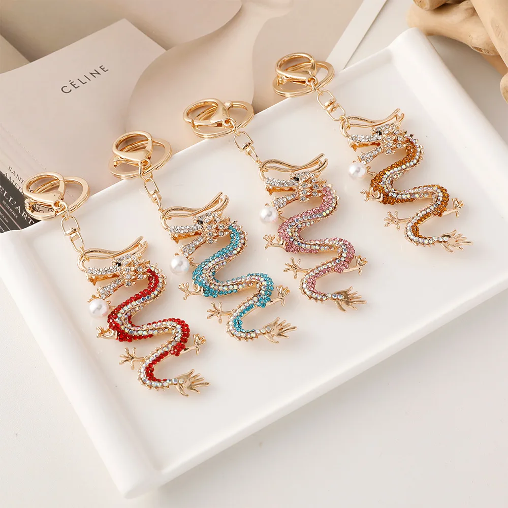 Vintage Crystal Rhinestone Dragon Keychain Women Pearl Zodiac Chinese Dragon Loong Pendant Keychain For Gift