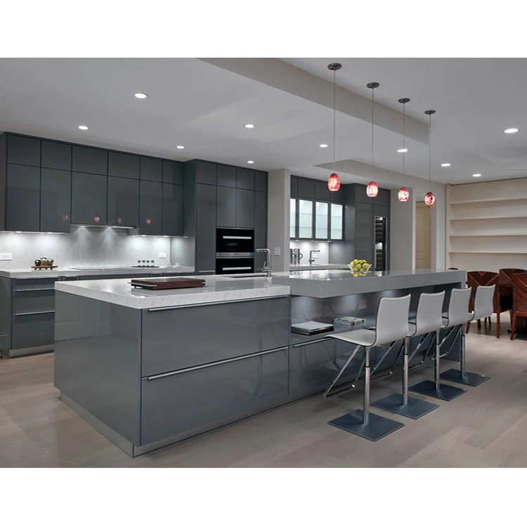 Modern gray color glossy mdf wood kitchen cabinets designs full set high gloss grey finish lacquer kitchen cabinet