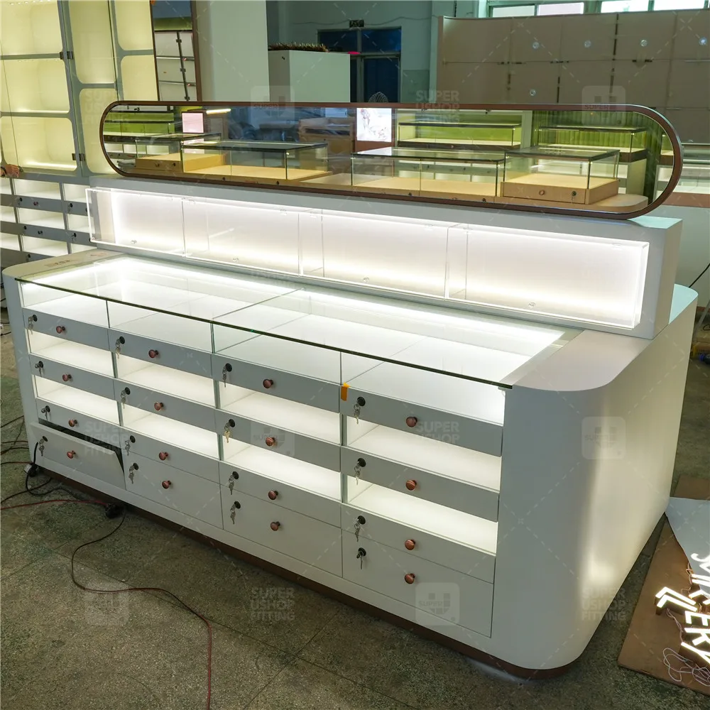Custom Led Glass Jewellery Wall Display Cabinet Fine Jewelry Shop Counter Furniture Luxury Jewelry Display Showcase for Sale