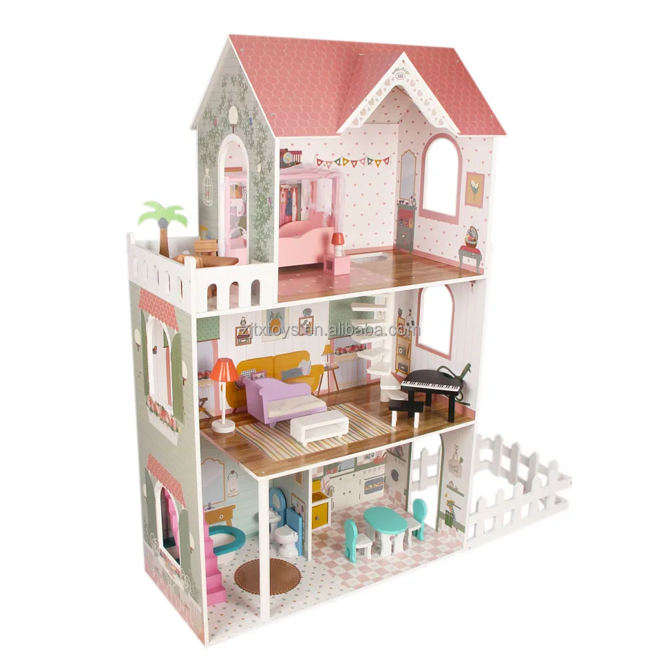 Wood single Bed Perfect Lovely Doll House UV Painting Safety Material Simulation Guitar sofa and table