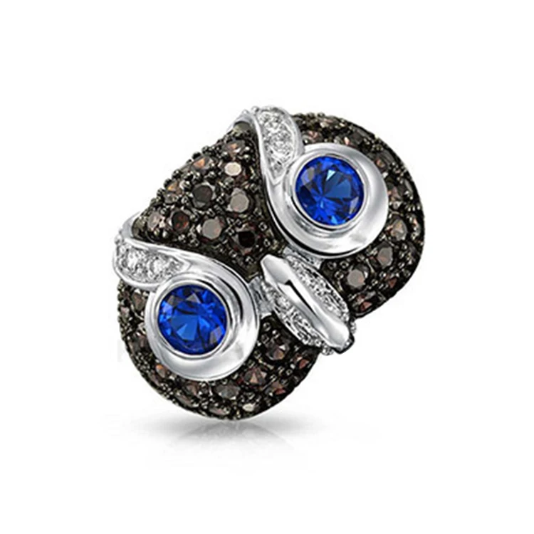Keiyue new fashion colorful wholesale Owl 925 silver ring with black stone Animal Design ring