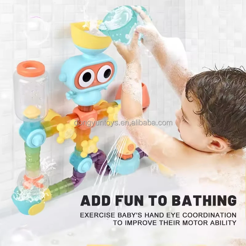 Slide Waterfall Track Stick toddler Robot bath toys with Bath Cups Wheels Water Ball bathtub toys for Kids Bath Toys Set
