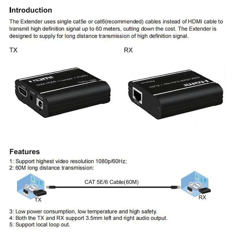 Latest Cat5 6 1080P Rx Tx Ip Network Hdmi Lan Ethernet Extender Cat5E With Hdm Loop Out Hdmi Extender 60M