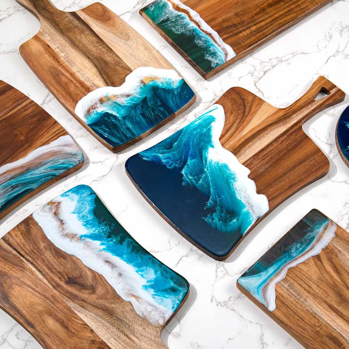 Wholesale Acacia Wood And Epoxy Resin Breakfast Board Wooden Charcuterie Board Resin Cutting Board