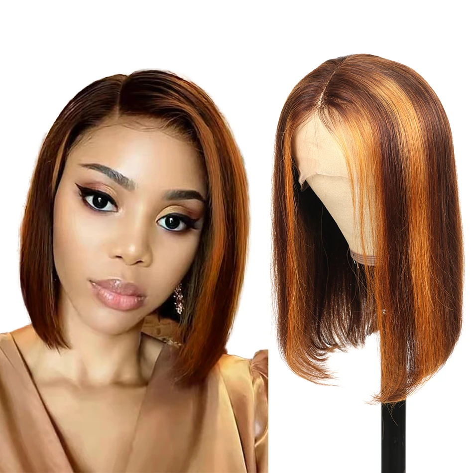 Pre-Plucked highlight honey brown color straight bob human hair lace front wigs, 4x4 lace closure indian straight wave bob wig