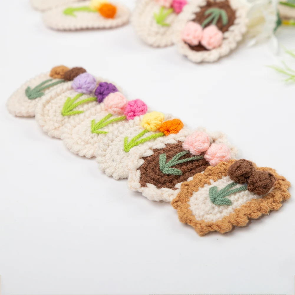 Crochet Knitted Tulip Baby Girls Hair Pins 7cm Sweet Flower Snap Clips Hairgrips Handmade Safety Hair Bows Accessories