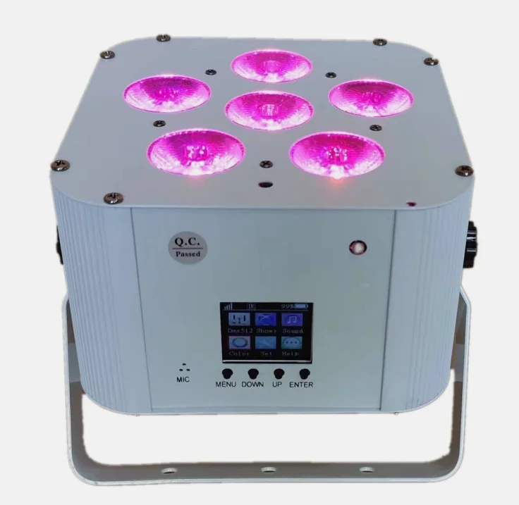 Experience the ultimate in flexibility with  6X18W Battery Power Wireless DMX LED Flat Par featuring Wifi and remote operation