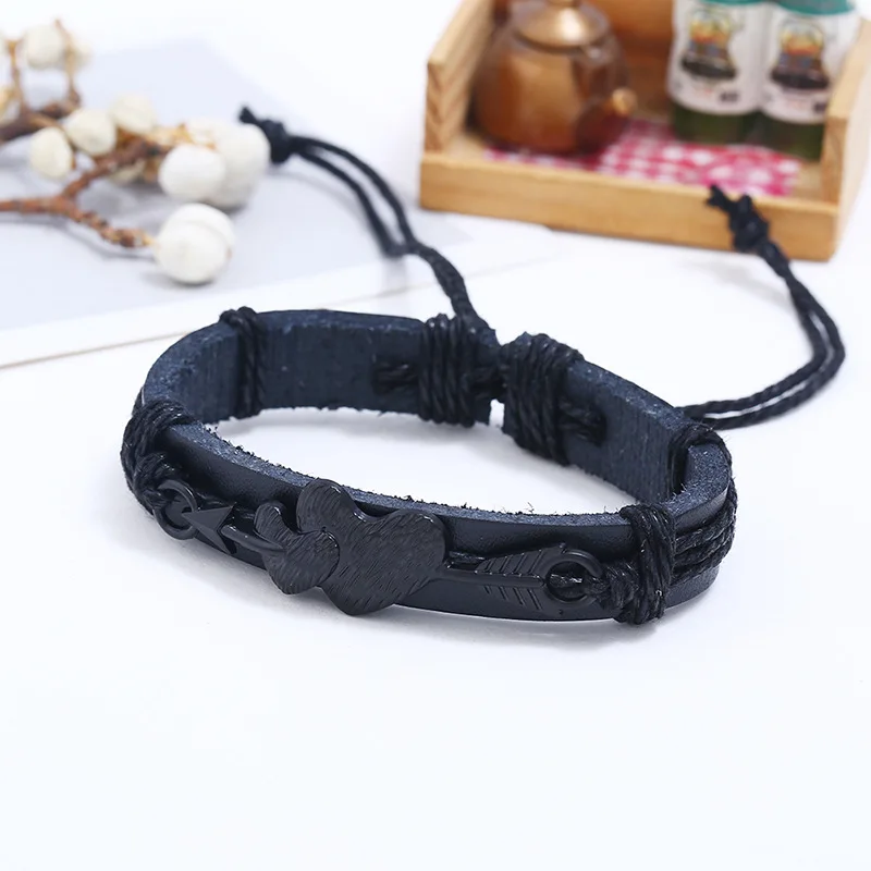 New arriver black metal double heart leather  bangle black and brown imitation leather bracelets charm men jewelry