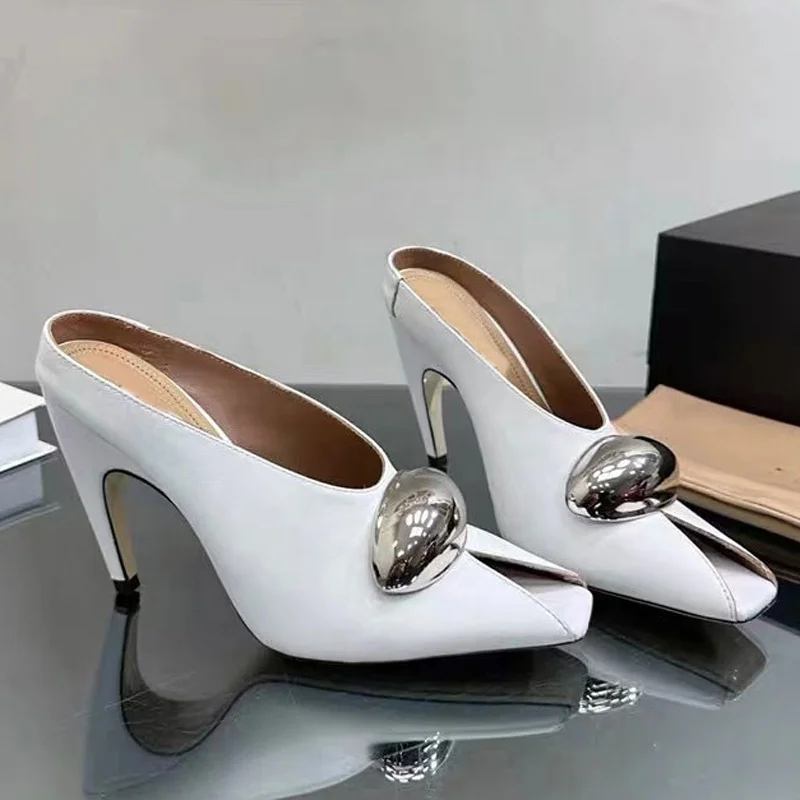 Metal Ornament Women Solid Sandals Hook High Heels Stiletto Dress Shoes Thin High-Heeled Mules Party Peep Toe Slides