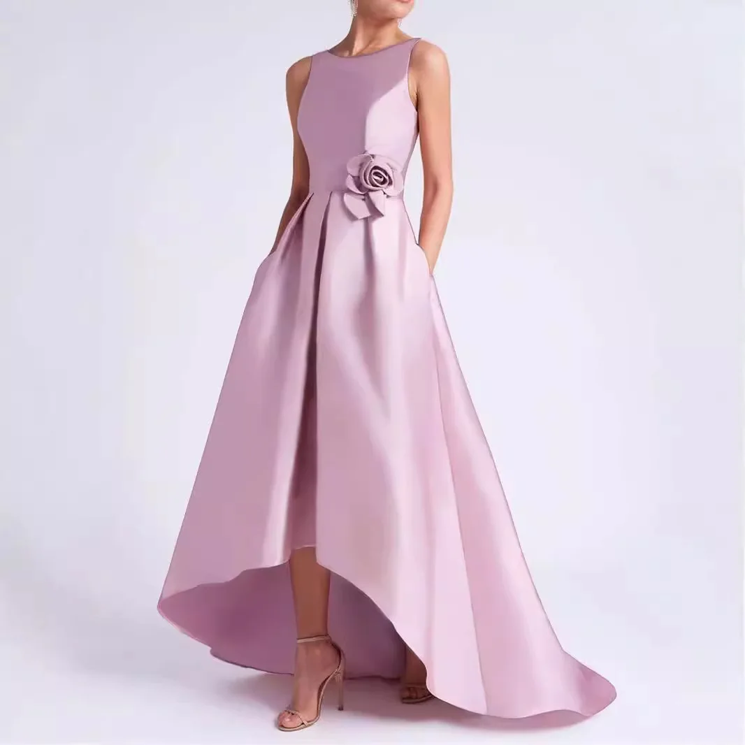 S1852R New sweet sleeveless satin fashion silky high quality flower pretty evening dress