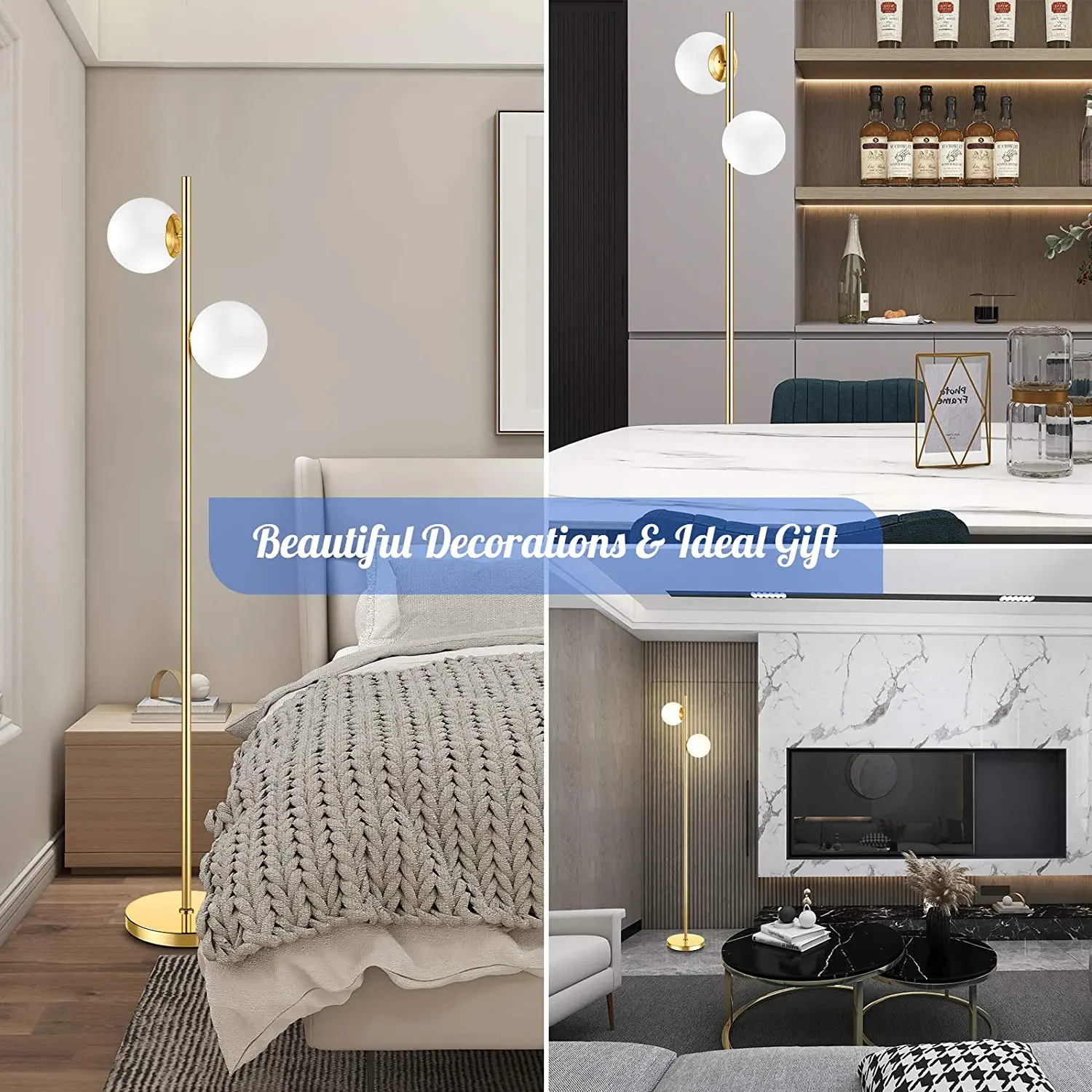 Mid Century Modern 2 Frosted Glass Globe Floor Lamp for Living Room Contemporary LED Standing Light