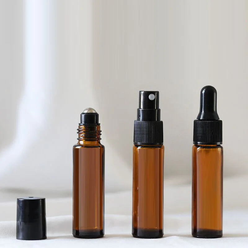 10ml Amber Glass Graduated Pump Spray Roller On Bottle Empty Brown Glass Eye Dropper Essential Oil Perfume Fluid Bottles