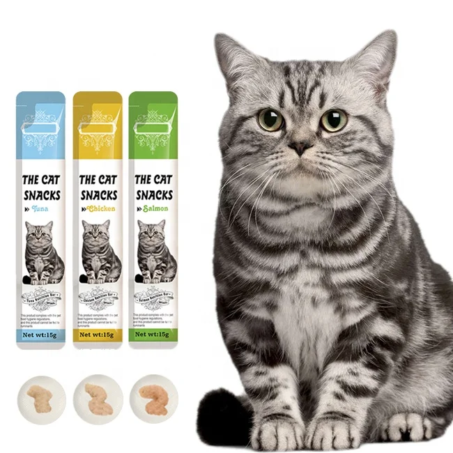Hot Selling Wholesale pet food Bulk 15g delicious cat wet food tuna chicken salmon favors natural cat food wet cat snacks treats