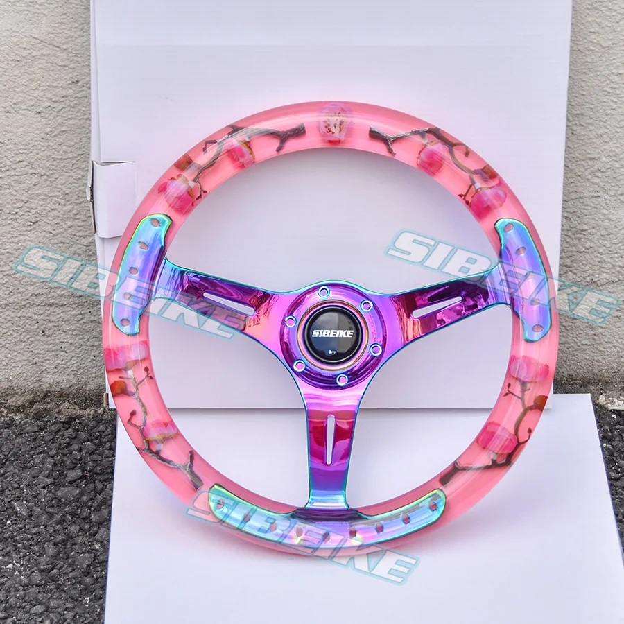 Pink Plum Flower Clear Acrylic Racing Sport Steering Wheel with Neo Chrome Spokes