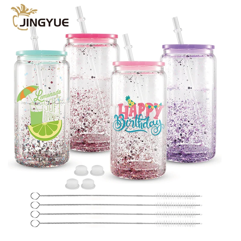 16oz Sublimation Blank Snow Globe Double Wall Can Shaped Glass Tumblers with Acrylic Lid and Straw for Christmas Birthday
