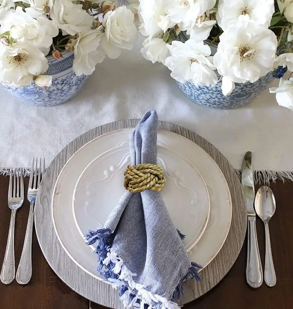 Handmade Rustic Water Hyacinth Woven Napkin Ring Decorative Dining Hemp Napkin Holders for Wedding Party Christmas Table