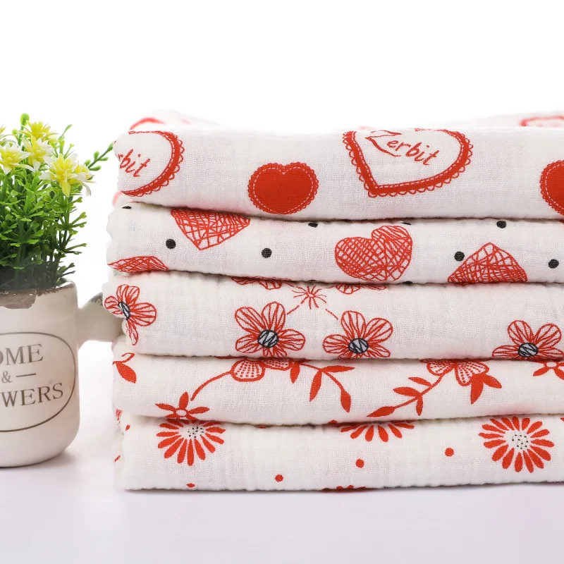 White Red Printed Cotton Crepe Fabric for DIY Sewing Baby Cloth Tracksuit Sleepwear 50x135cm Breathable Pure Cotton Crepe Fabric