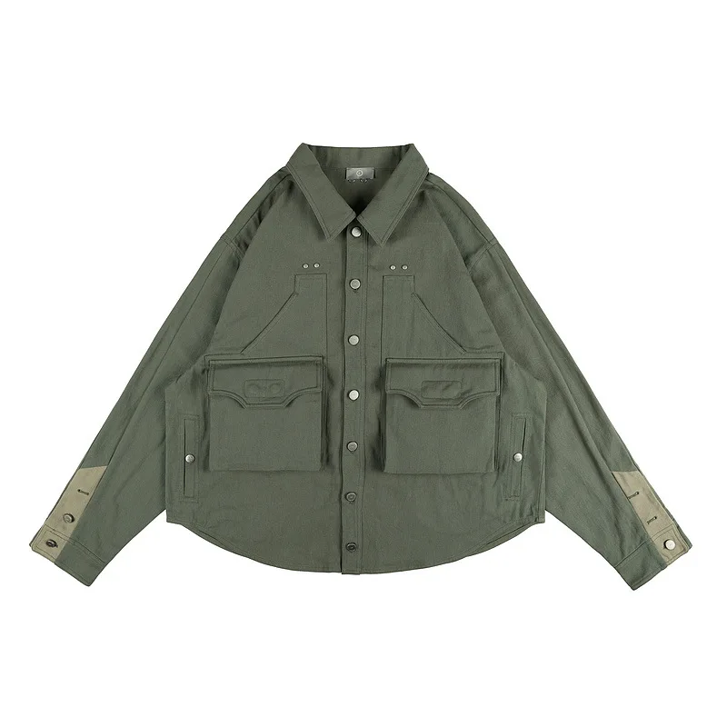 Customized High-quality Three-dimensional Cut Buttoned Shirt Jacket Men and Women Long Sleeve Pocket Tooling Jacket Casual Stand