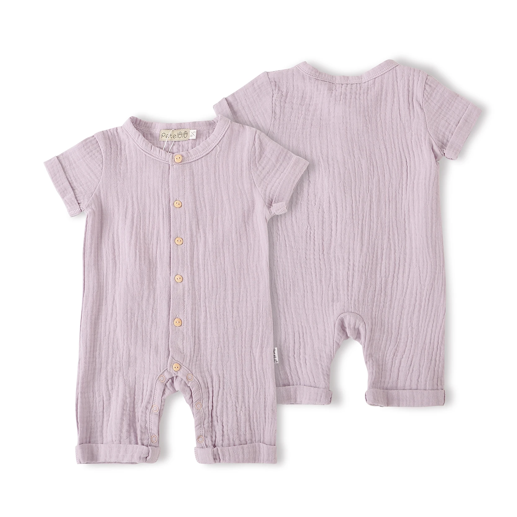 Baby Clothes Romper OEM Service Unisex Knitted 100% Cotton Size Label Bab Wood Button Summer Hemp Breathable O-neck Short Sleeve