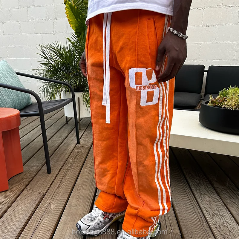 Custom Logo Streetwear Heavy Weight Embroidery Flared Stacked Sun Faded Mens Stripe Acid Wash Baggy Sweatpants