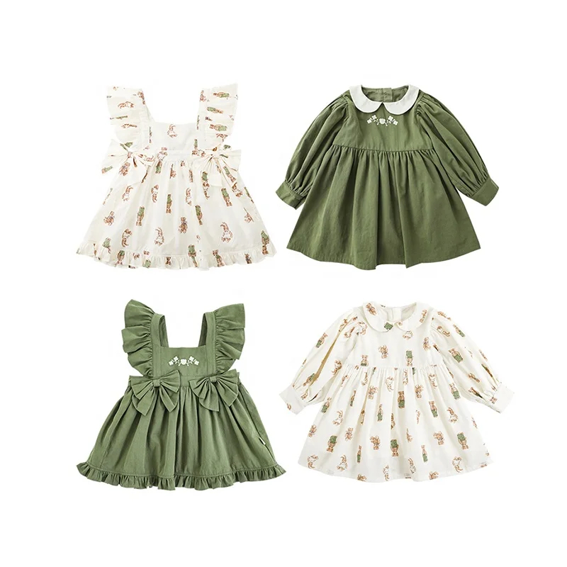 Spring Autumn Toddler Kids 100% Cotton Long Sleeve Dress For Girls Puffy Two Piece Fall Baby Girls Dresses Set With Bows
