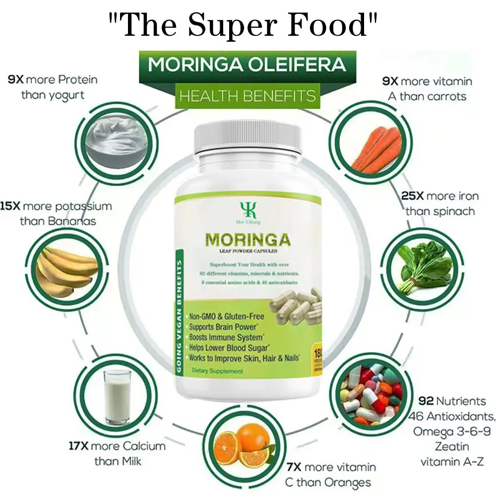 Custom Moringa leaf powder capsules support your health with over 92 different vitamins,minerals & nutrients hard capsules.