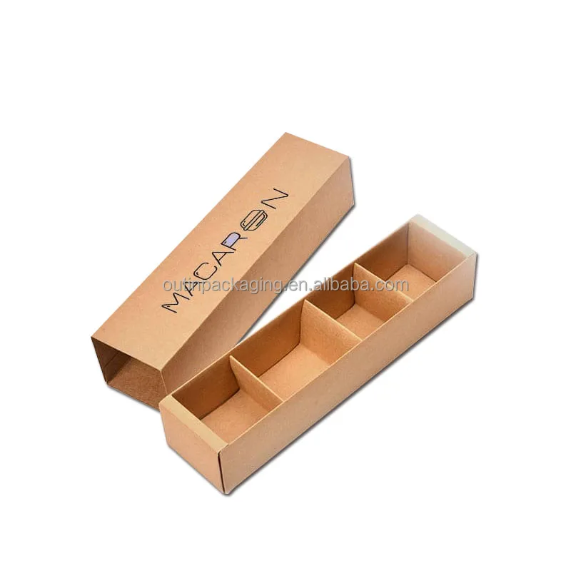 Sliding Out Open Biodegradable Kraft Cardboard Paper Packaging Gift Macaron Drawer Box with Sleeve Brown Candy Packaging Square
