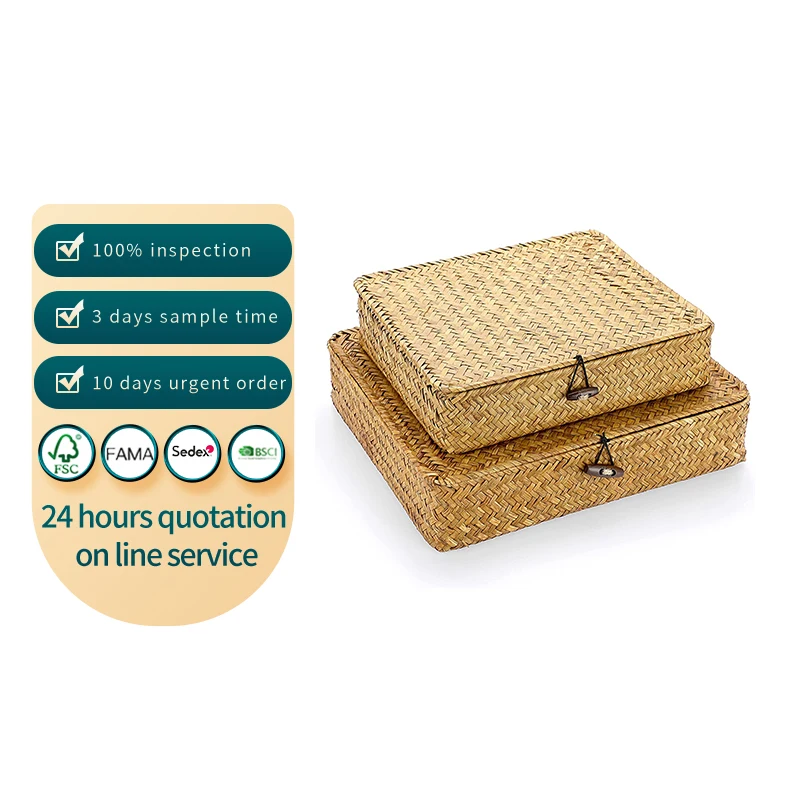 Woven wicker storage box multifunctional home storage box with cover, suitable for storing woven baskets on shelves