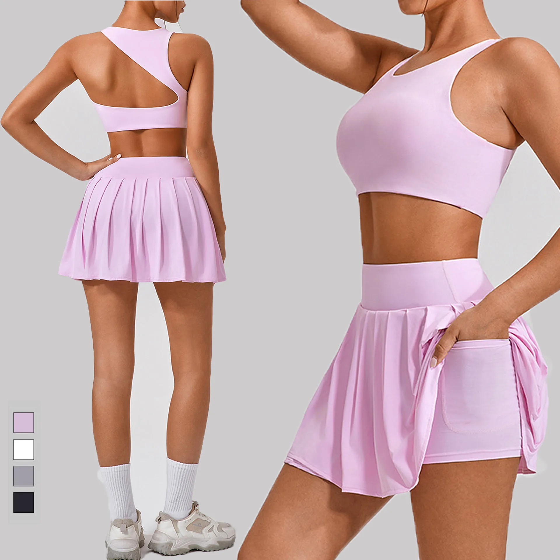 Wholesales summer gym fitness sets two pieces sports bra and pleated skirt sets soft comfortable tennis skirt sets for women