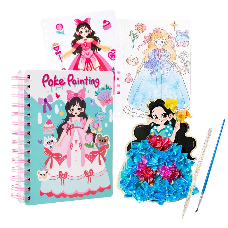 3 in 1 Drawing Book for Girls, Princess Dress-up Activity Book, Stickers, Poking, Puzzle Puncture Painting, Kids DIY Craft Kit