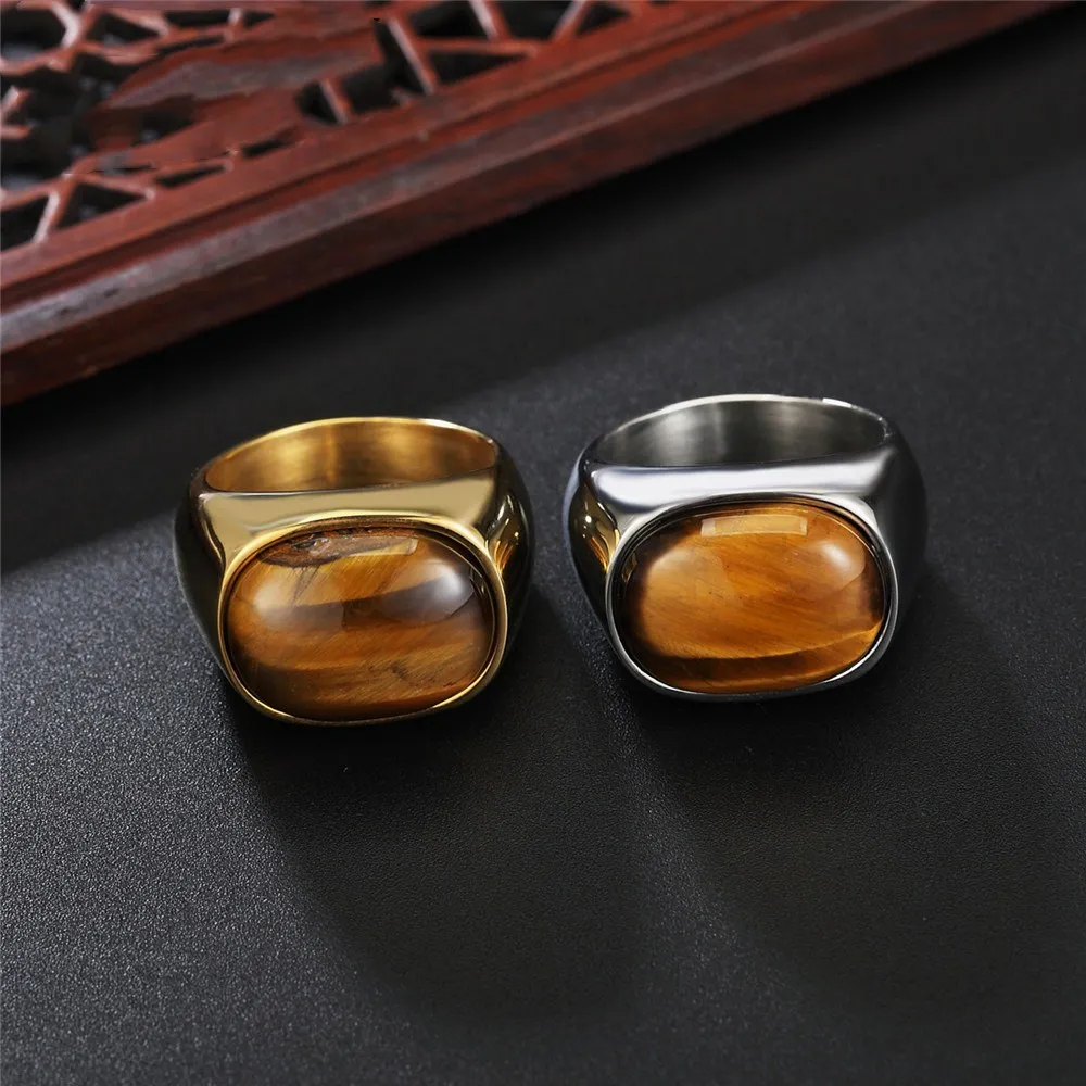 Fashion Mens Stainless Steel Gold Rings Personality Big Tiger Eye Stone Agate Rings for Men