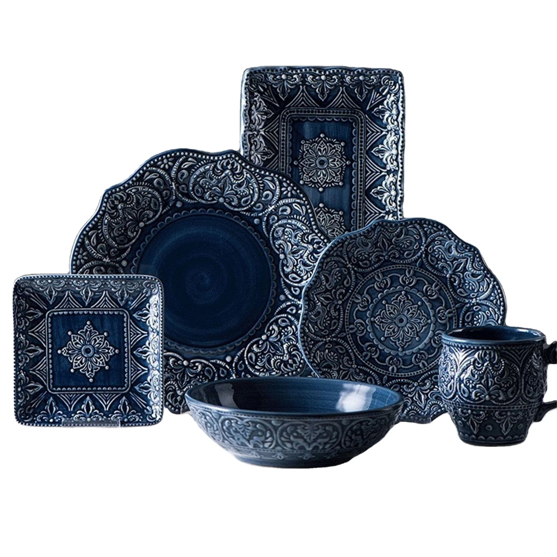 Nordic style ceramic tableware set ceramic relief plate for home light luxury can enter microwave oven dishwasher