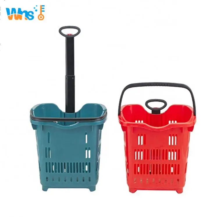 Большая вместительная круглая пластиковая корзина для покупок с колесами для супермаркета