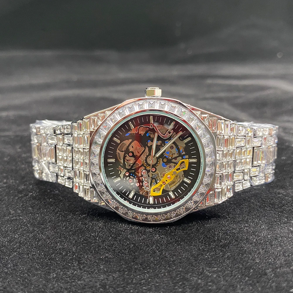 New Luxury MISS FOX Brand Gold Hollow Automatic Mechanical Watches Men Iced Out Moissanite Fashion Watch Waterproof Clock