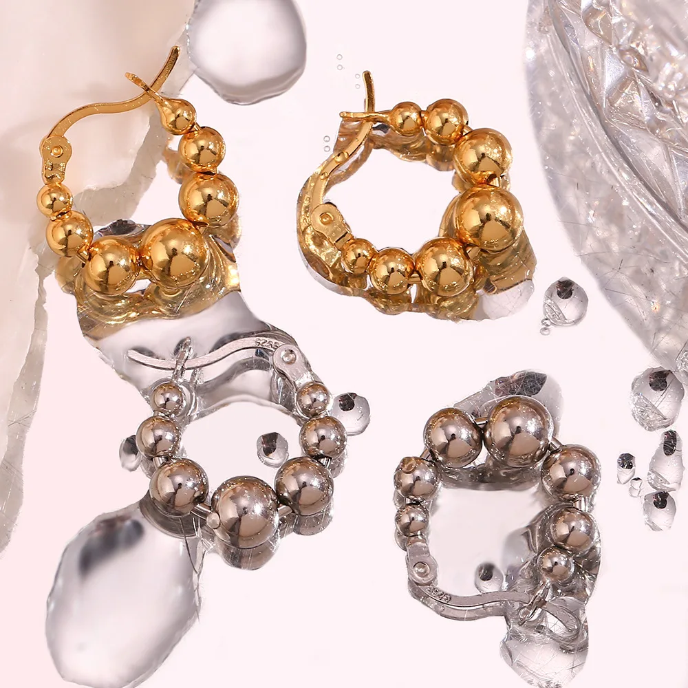 Women Small huggie hoops 18k gold plated earring golden beads hoop earring stainless steel jewelry beaded earrings