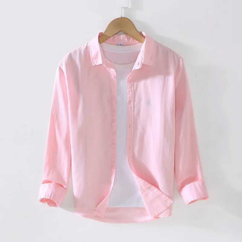 Linen Shirt Men Cotton Button Turn Down Collar Natural Linen Casual Shirts