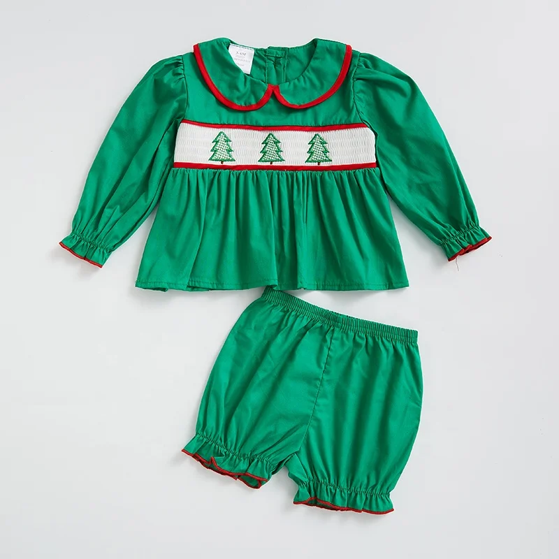 Girlymax 2022 Christmas Trees Green Sibling Matching Clothing Long Sleeve Shorts Set Baby Romper Girls Dresses