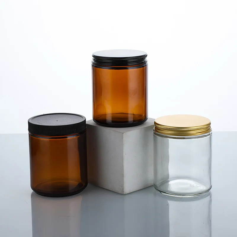 Clear/amber Cosmetic Packaging Wide Mouth Airtight Glass Jar/container Aluminium Lid Manufacturer