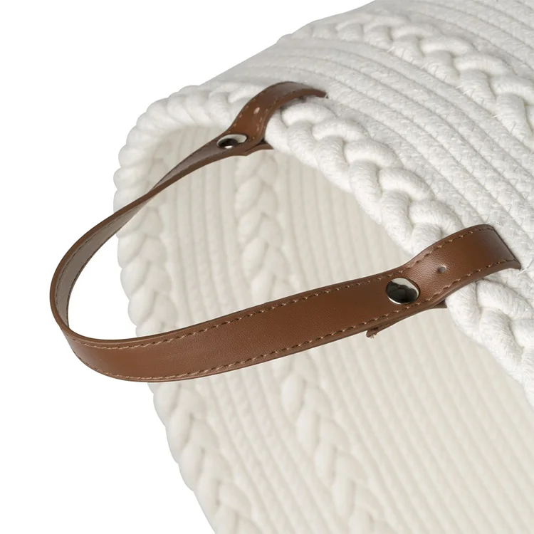 White Braid Durable  Cotton Rope Storage Basket with Dividers Leather Handle