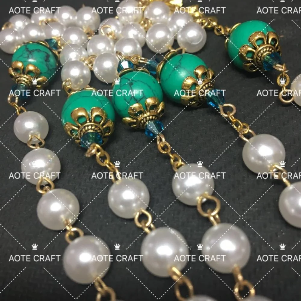 Wholesale 8mm white plastic pearl beads with green turquoise women jewelry 14k gold catholic cheap rosary