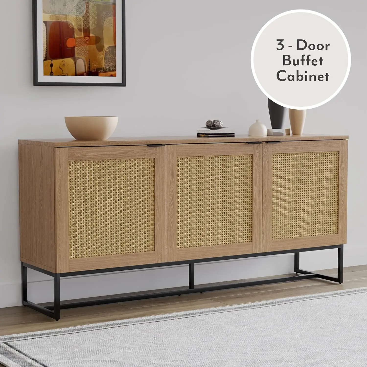 Oak Sideboard Buffet Cabinet, Accent Storage Cabinet with 3 Rattan Doors, Modern Storage Console Table