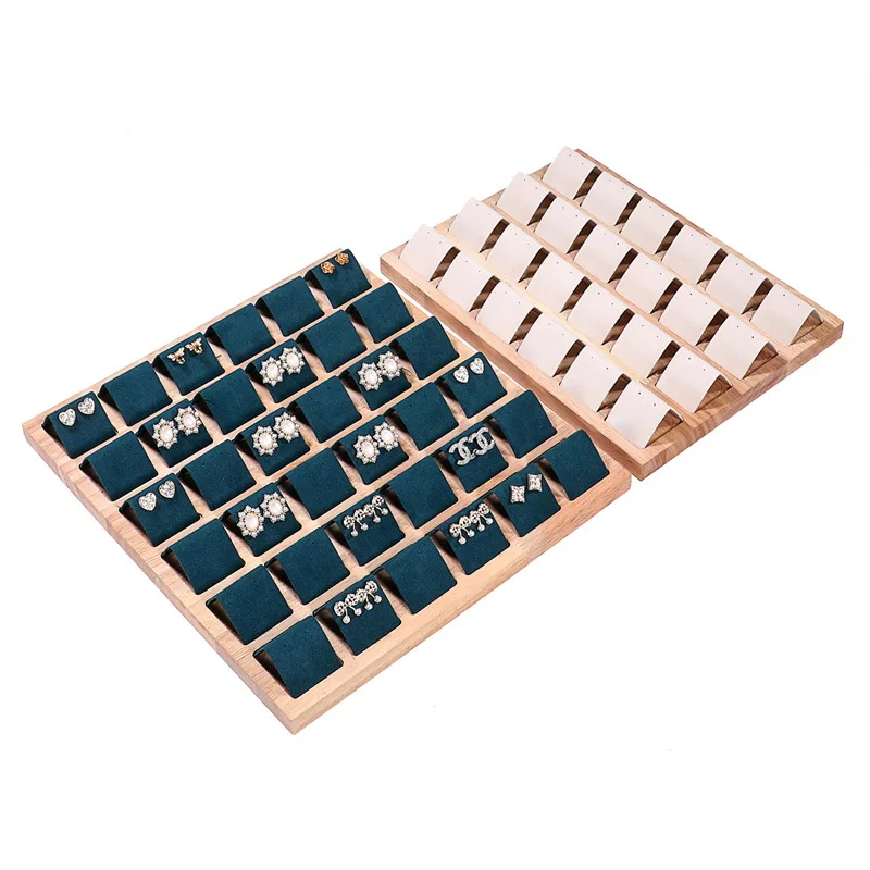 wholesale real wooden earring jewelry display table velvet PU leather inner tray custom logo stock sell shop showcase