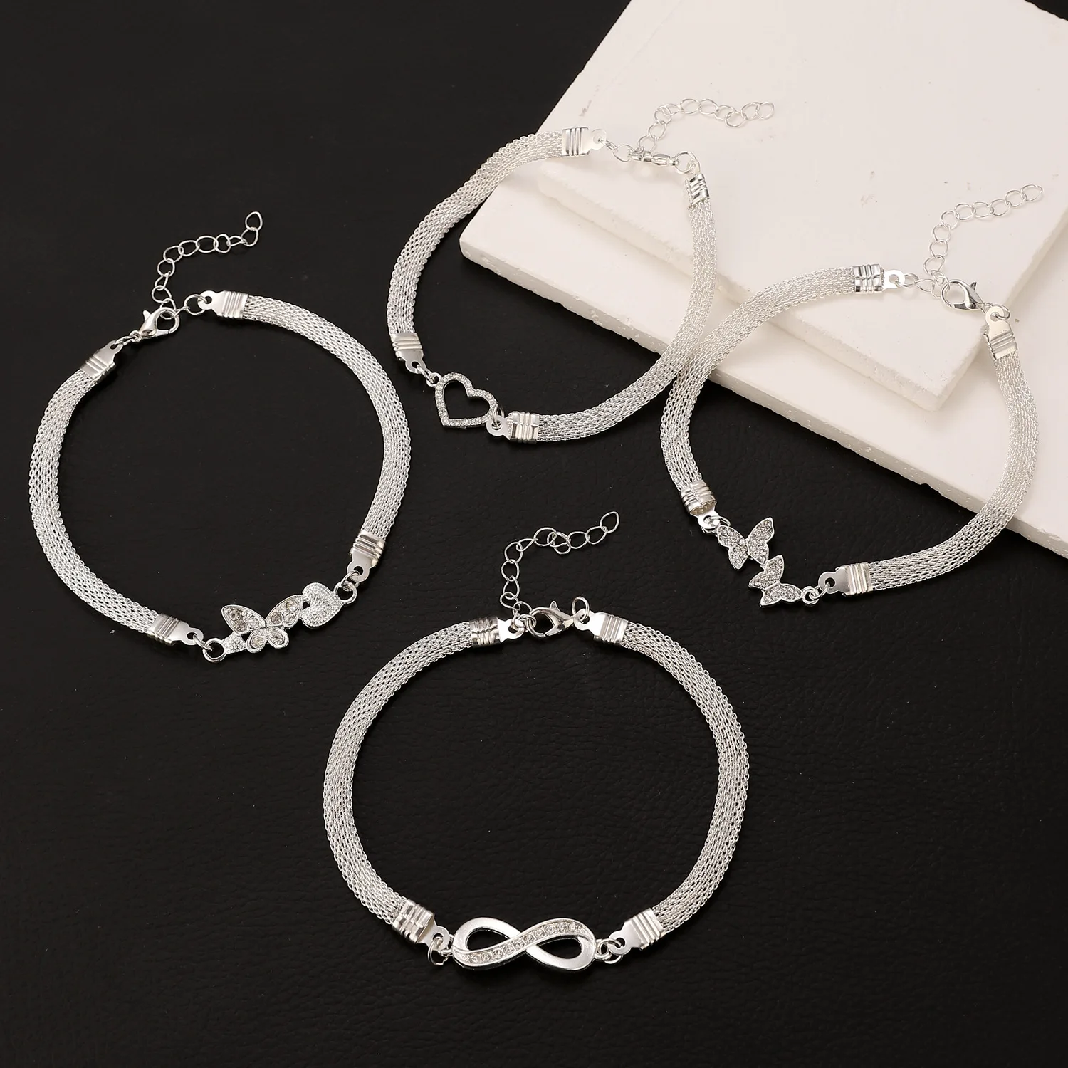 Trendy Woven Mesh Silver Alloy Foot Chains for Women Shiny Diamond Inlay Love Heart Butterfly Infinite Symbol Ankle Chains
