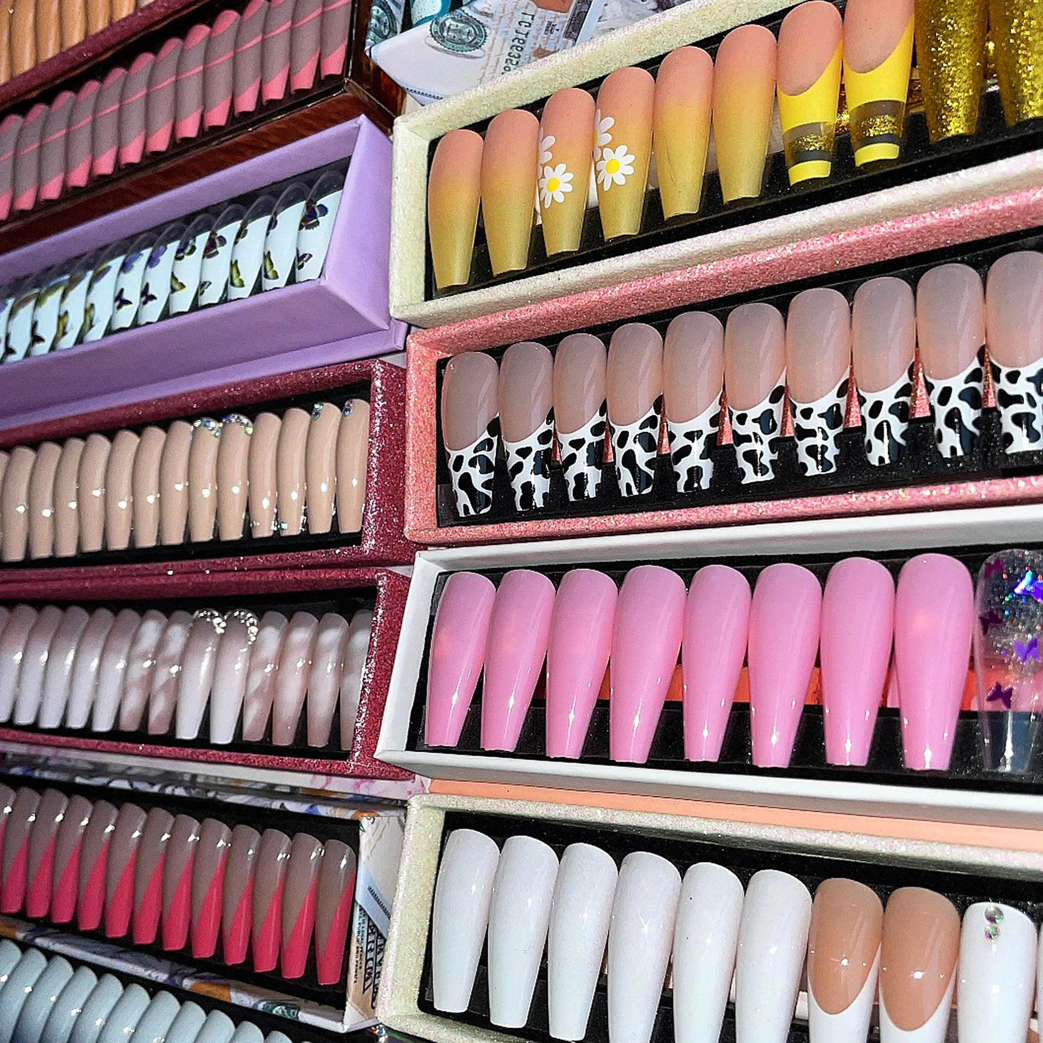 Naixi Free Samples Nails Press on Long Ballerina Acrylic Nails Diamond Sequins Medium Coffin French Pink 24pcs/Box Blind Box