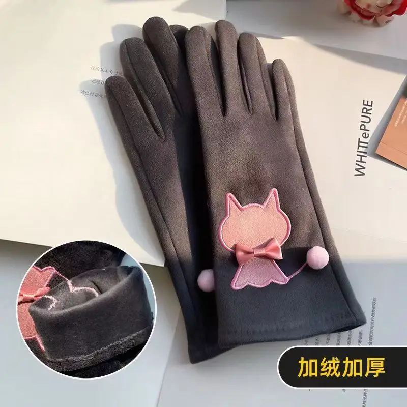 Fall Winter Ladies Faux Suede Glove with Cat Applique Embroidery and Bow Trim