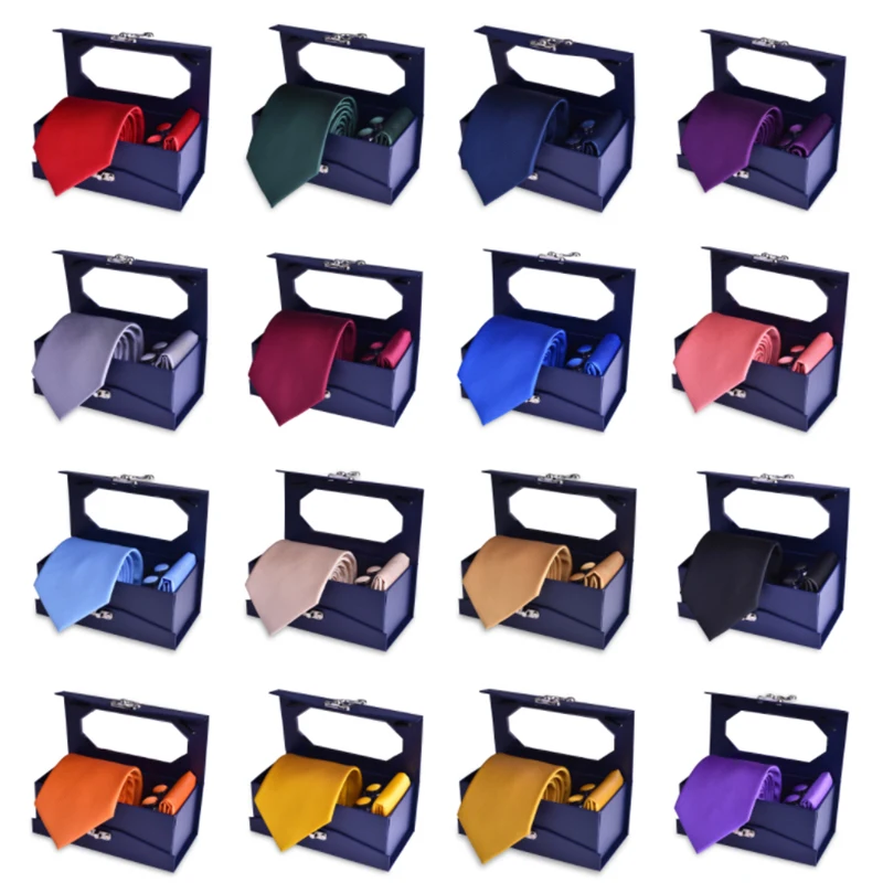 Mens 8cm Silk Tie Sets Gifts Necktie Mens with Pocket Square Box Men Ties and Hanky Set with Cufflinks for Wedding Business