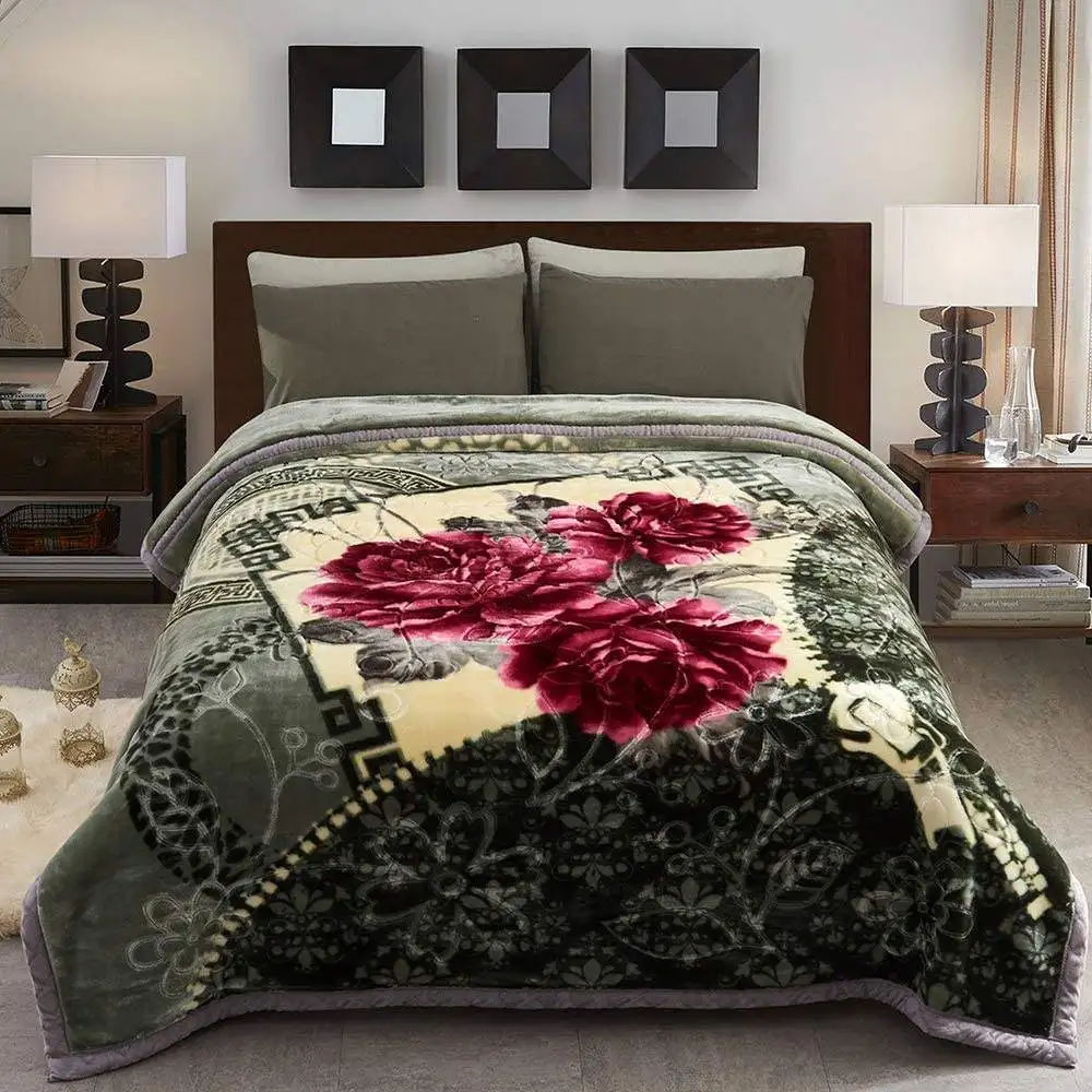 Fleece Plush Winter Blanket King Size200*240, 6kg Heavy Korean Style Mink Blanket 2 Ply Double Bed Blanket, Grey Green Rose