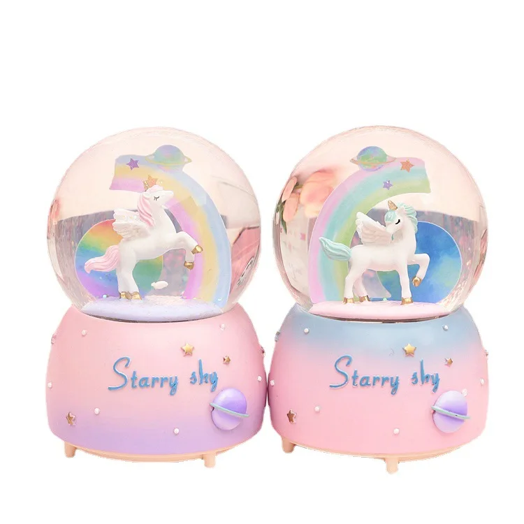 Creative Girl Heart Star Unicorn Crystal Ball Music Box Rotating Music Box Light Snow Gift Customizable Machining Wholesale