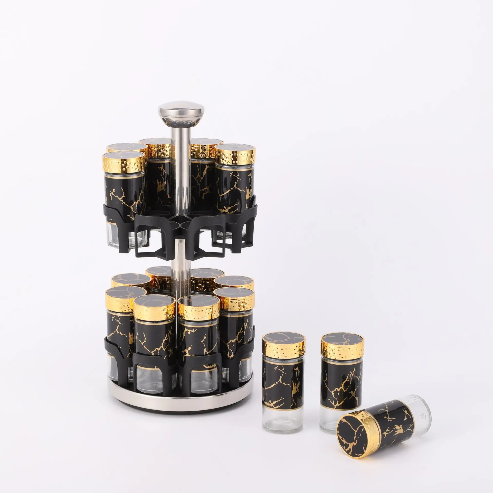 WONDERFUL High Quality Marble Glass Kitchen Salt Pepper Shaker Bottles 2-Tier Black Household 360° Rotating Spice Rack Jars Set